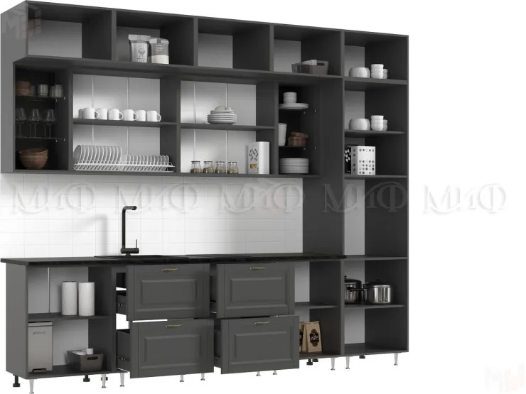 Кухня Престиж 3,0 компоновка №2 (Графит/Графит софт/Прайм орех)