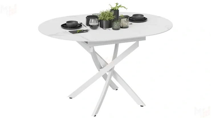 Стол обеденный раздвижной Бергамо Тип 1  Белый муар, Стекло матовое белый мрамор