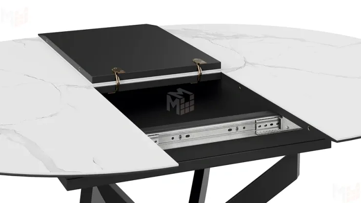 Стол обеденный раздвижной Бергамо Тип 1 Черный муар, Стекло матовое белый мрамор