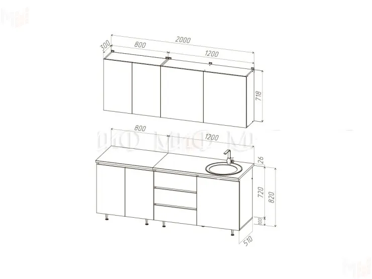  Кухня Челси 2,0м Компановка №2 (Дуб крафт серый, Кашемир (Кастилло темный)