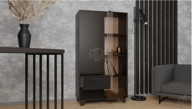 Стеллаж Копенгаген со стеклом (венге/черный матовый)