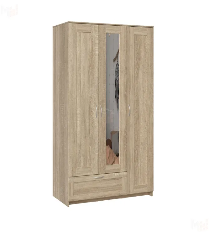 Шкаф Сириус 3 двери с зеркалом 1 ящик, сонома (высота 220 см)