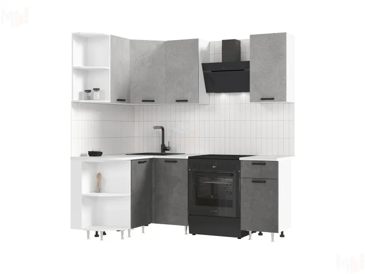 Кухня Рио New угловая 2,0*1,3 м Бетон светлый/Бетон темный, Белый (Антарес)