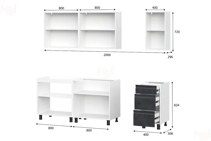 Кухонный гарнитур Вельвет (2,0м) (МДФ) (без столешниц) Бетон Снежный / Бетон графит