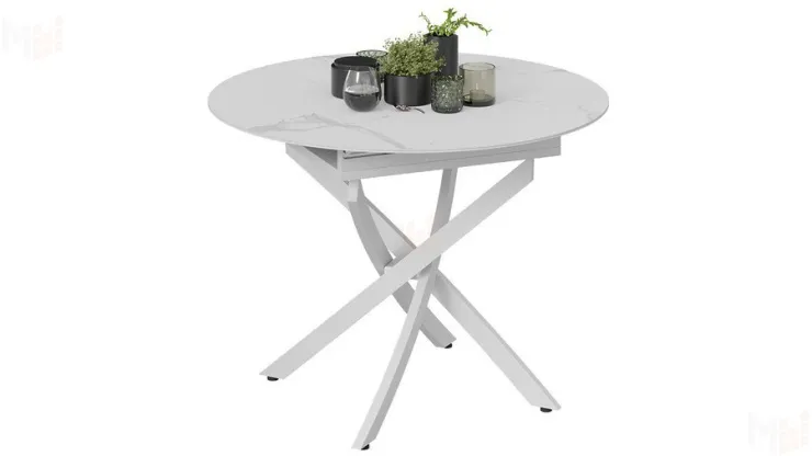 Стол обеденный раздвижной Бергамо Тип 1  Белый муар, Стекло матовое белый мрамор