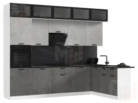Кухня Рио New угловая 3,0*1,8м (490) Бетон светлый/Бетон темный, Белый (Антарес)