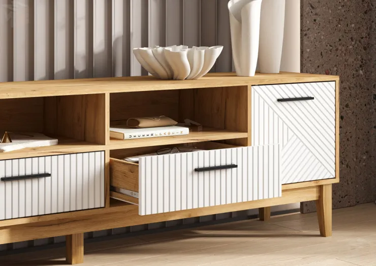 Тумба ТВ Флэш 2 двери 2 ящика Браш Вайт/Дуб Крафт