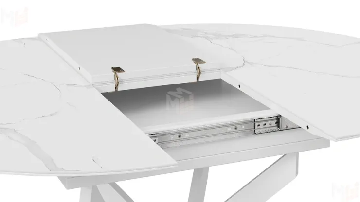 Стол обеденный раздвижной Бергамо Тип 1  Белый муар, Стекло матовое белый мрамор