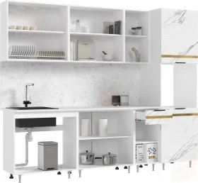 Кухонный гарнитур Милена с пеналом 2,6 (мрамор белый софт/мрамор блэк софт))