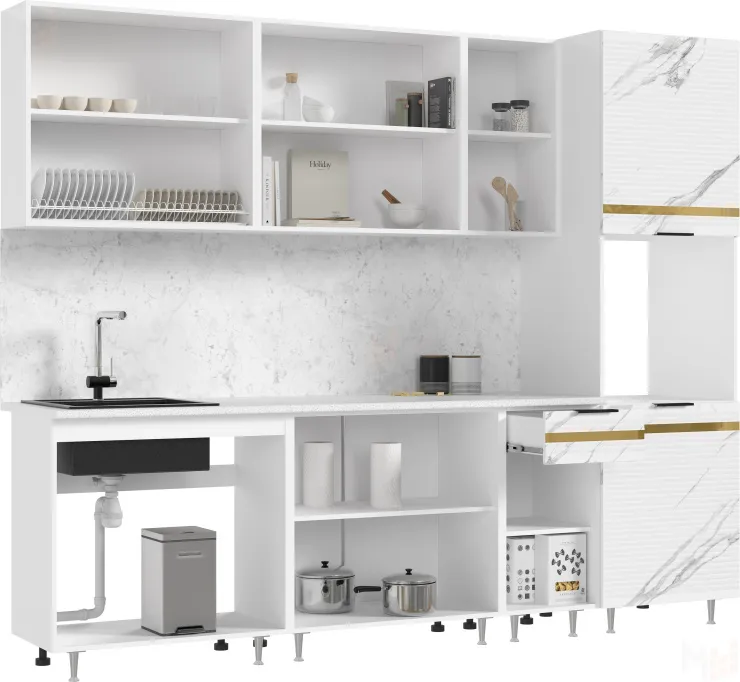 Кухонный гарнитур Милена с пеналом 2,6 (мрамор белый софт/мрамор блэк софт))