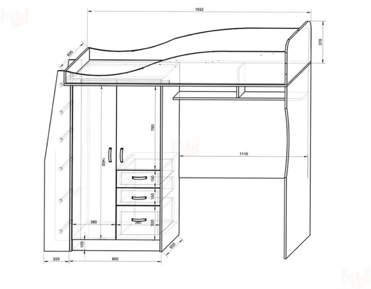 Кровать-чердак КП-4/1 + лестница КП-13/8 + стол КП-13/1 Капитан