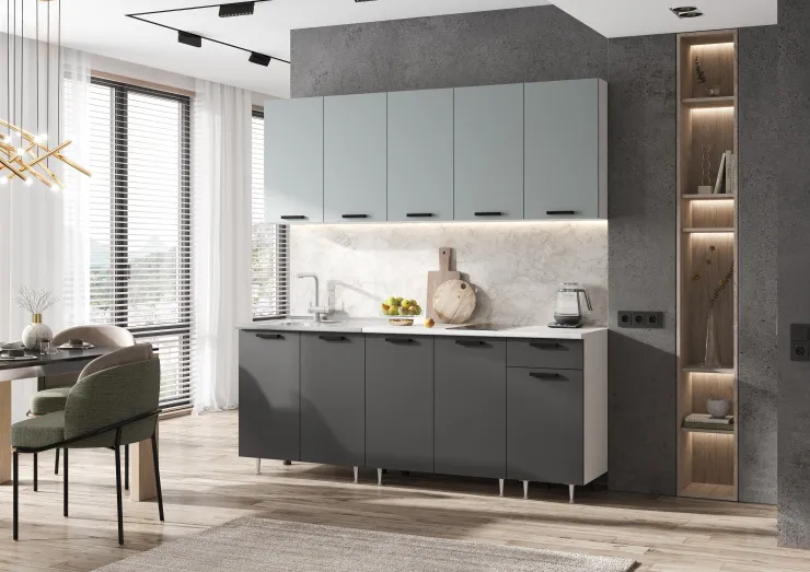 Кухня Рио New 2,0 (490) ЛДСП Сумеречный голубой/Графит, Белый (Антарес)