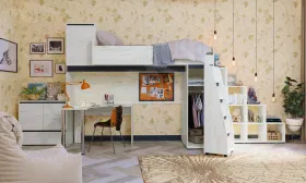 Кровать двухъярусная ГРЕТТА Дуб Крафт белый-Антрацит