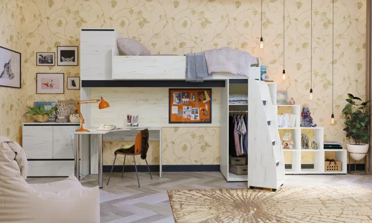 Кровать двухъярусная ГРЕТТА Дуб Крафт белый-Антрацит