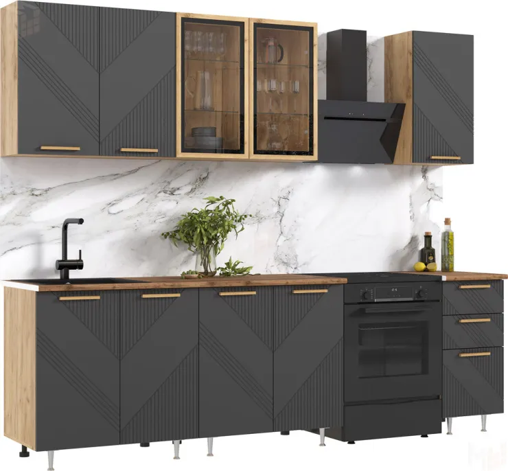 Кухня Ирис 2,0м (490) Компановка №2 (Браш Графит, Дуб Крафт (Дуб вотан))