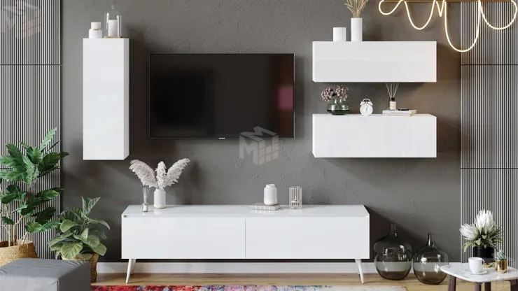 Модульная гостиная Глосс Белый глянец, Стекло Белый глянец, Яблоня Беллуно