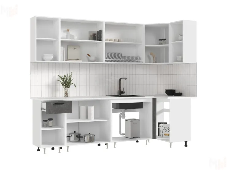 Кухня Рио New угловая 2,6*1,0 м (490) Бетон темный/бетон светлый, Белый (Антарес)