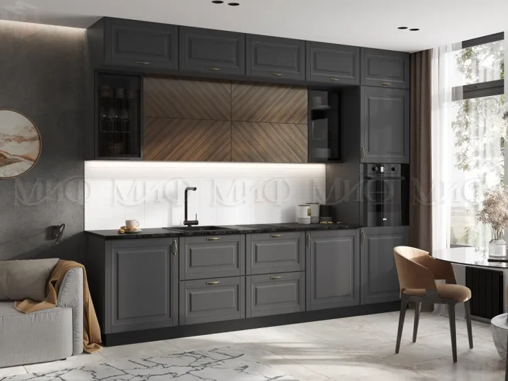Кухня Престиж 3,0 компоновка №2 (Графит/Графит софт/Прайм орех)