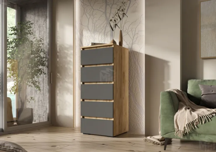 Комод Хелен КМ 03 502 5 ящиков дуб крафт золото - серый графит