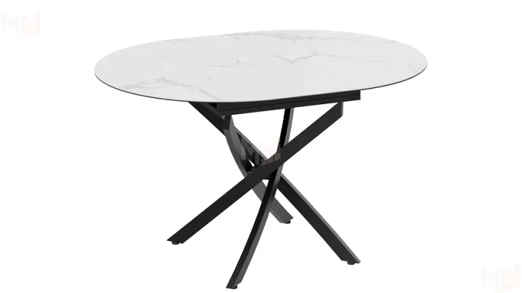 Стол обеденный раздвижной Бергамо Тип 1 Черный муар, Стекло матовое белый мрамор