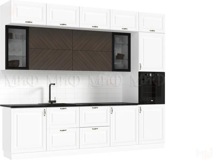 Кухня Престиж 3,0 компоновка №2 (Белый/Браш вайт/Прайм орех)