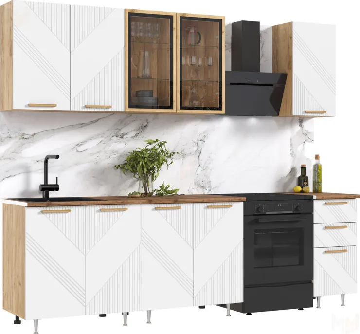 Кухня Ирис 2,0м (490) Компановка №2 (Браш Вайт, Дуб Крафт (Дуб вотан))