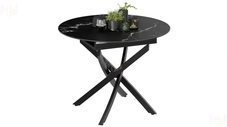 Стол обеденный раздвижной Бергамо Тип 1  Черный муар, Стекло матовое черный мрамор