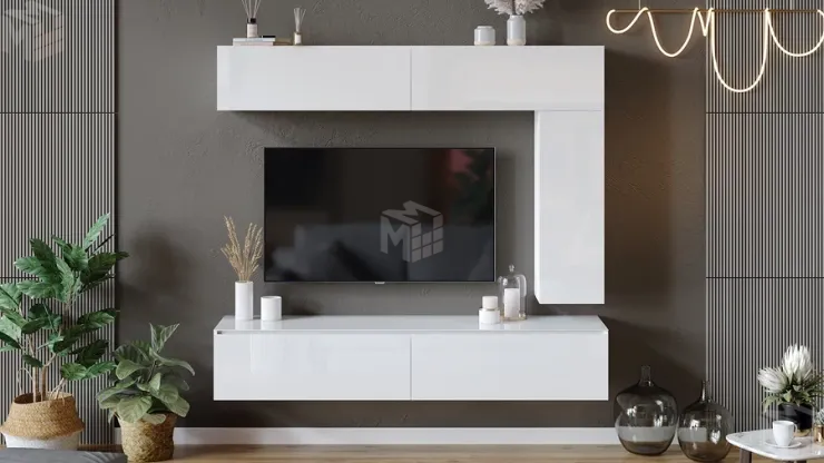 Модульная гостиная Глосс Белый глянец, Стекло Белый глянец, Яблоня Беллуно