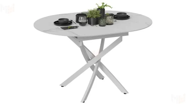 Стол обеденный раздвижной Бергамо Тип 1  Белый муар, Стекло матовое белый мрамор