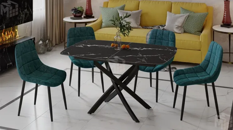 Стол обеденный раздвижной Манхеттен Т1 Черный муар, Стекло матовое черный мрамор