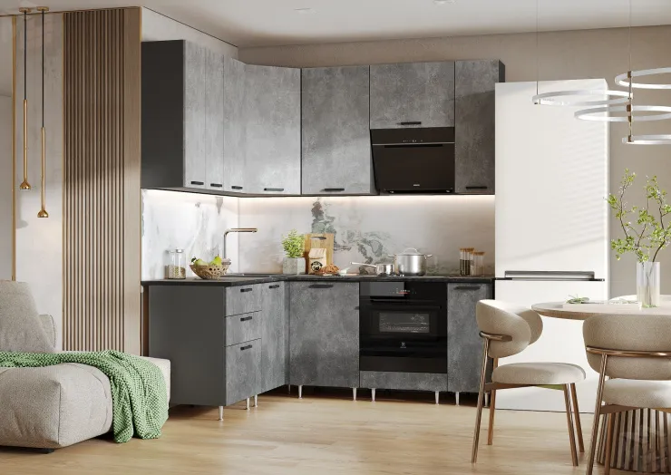 Кухня Рио New угловая 1,6*2,0/900 (490) Бетон светлый/Бетон темный, Графит (Кастилло темный)