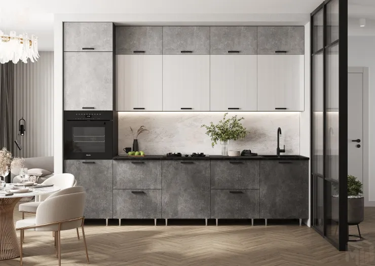 Кухня Рио NEW 3,0м (490) (Бетон светлый/Бетон темный, Белый глянец, Графит (Кастилло темный)