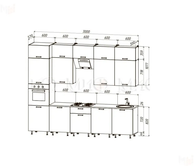 Кухня Рио NEW 3,0м (490) комп №2 (Белый глянец/Дуб крафт, дуб крафт (Дуб вотан)