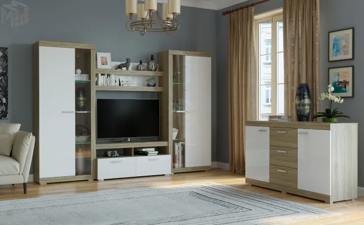 Гостиная Соната Композиция 4 Дуб Сонома - Белый глянец