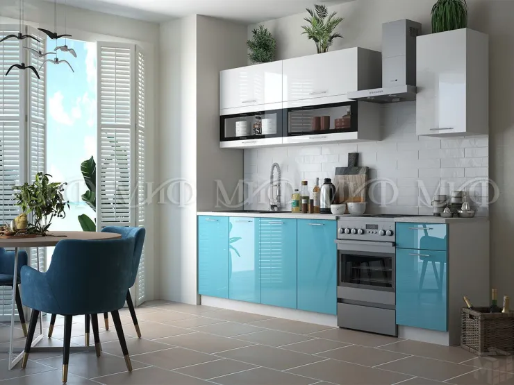 Кухня Техно New 2,0 комп №2 Белый глянец/бирюза металлик