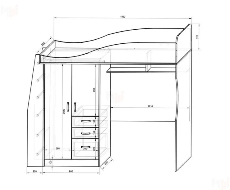 Детская мебель Пираты: кровать-чердак ПР-4/1 + лестница ПР-13/8 + стол КП-13/1