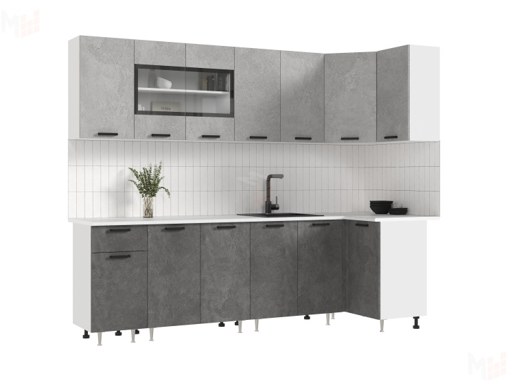 Кухня Рио New угловая 2,6*1,0 м (490) Бетон темный/бетон светлый, Белый (Антарес)