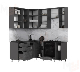 Кухня Рио New угловая 1,6*2,0/900 (490) Бетон светлый/Бетон темный, Графит (Кастилло темный)