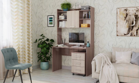 Компьютерный стол ПКС-9 с надстройкой и выкатной тумбой Шимо темный-Шимо светлый