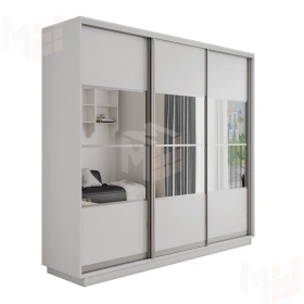 Шкаф-купе Оптим 3-х дверный 4 секции (ЛДСП, Зеркало) 210 см. 1 штанга, 11 полок