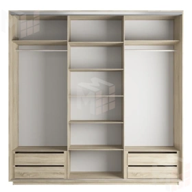 Шкаф-купе Оптим 3-х дверный 4 секции (Зеркало) 240 см. 2 штанги, 9 полок, 4 ящика