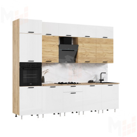 Кухня Рио NEW 3,0м (490) комп №3/1 (Белый глянец/Дуб крафт, дуб крафт (Дуб вотан)