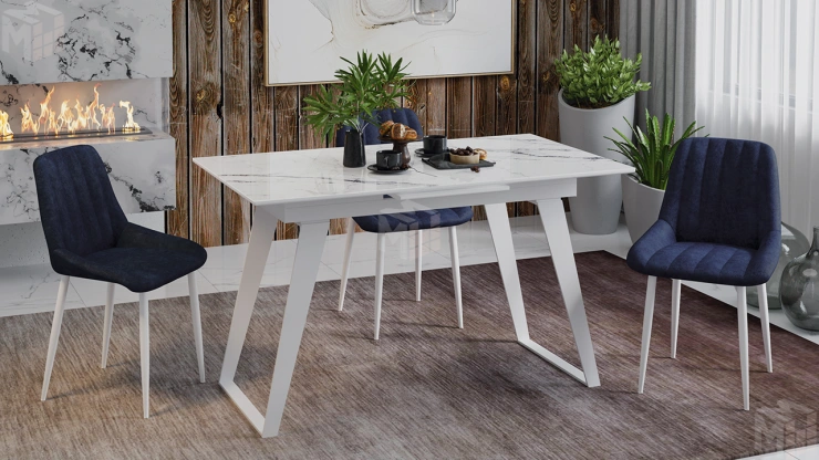 Стол обеденный Техно Белый муар, Стекло глянцевое белый мрамор