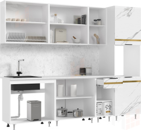 Кухонный гарнитур Милена с пеналом 2,6 (мрамор белый софт/мрамор блэк софт))