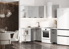 Кухня Рио New угловая 2,0*1,3 м Бетон светлый/Бетон темный, Белый (Антарес)