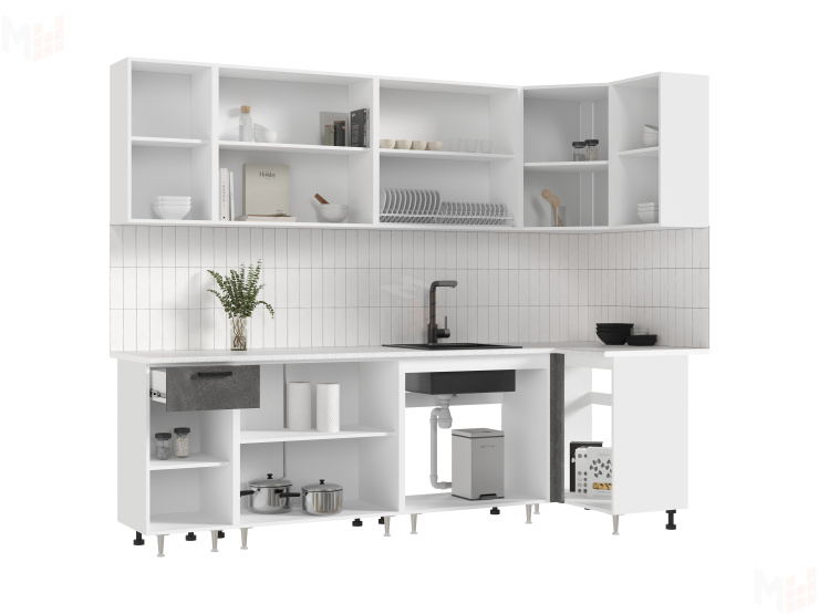 Кухня Рио New угловая 2,6*1,0 м (490) Бетон темный/бетон светлый, Белый (Антарес)