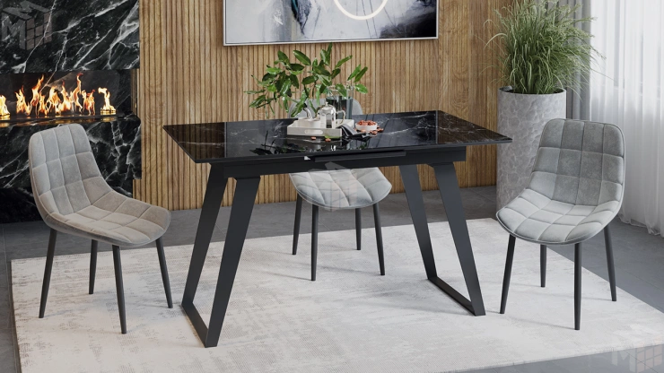 Стол обеденный Техно Черный муар, Стекло глянцевое черный мрамор